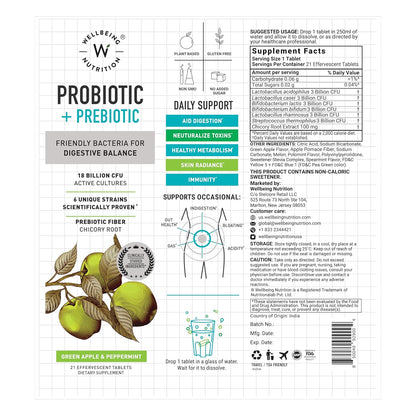 Wellbeing Nutrition Daily Probiotics + Prebiotics | Improve Metabolism, Acidity Relief, Digestion & Gut Health | 18 Billion CFU Organic Probiotics Supplement for Men & Women (21 Effervescent Tabs)