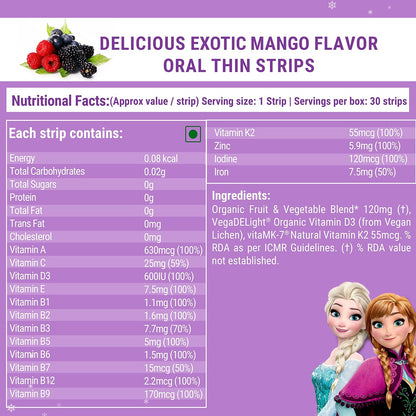 Wellbeing Nutrition Disney Frozen MeltsÂ® Multivitamins for Kids (6+) | 100% RDA Vegan Kids supplements for Growth & Development | Vitamins A, B-Complex, C, D & Iron | Tropical Berry | 30 Oral Strips