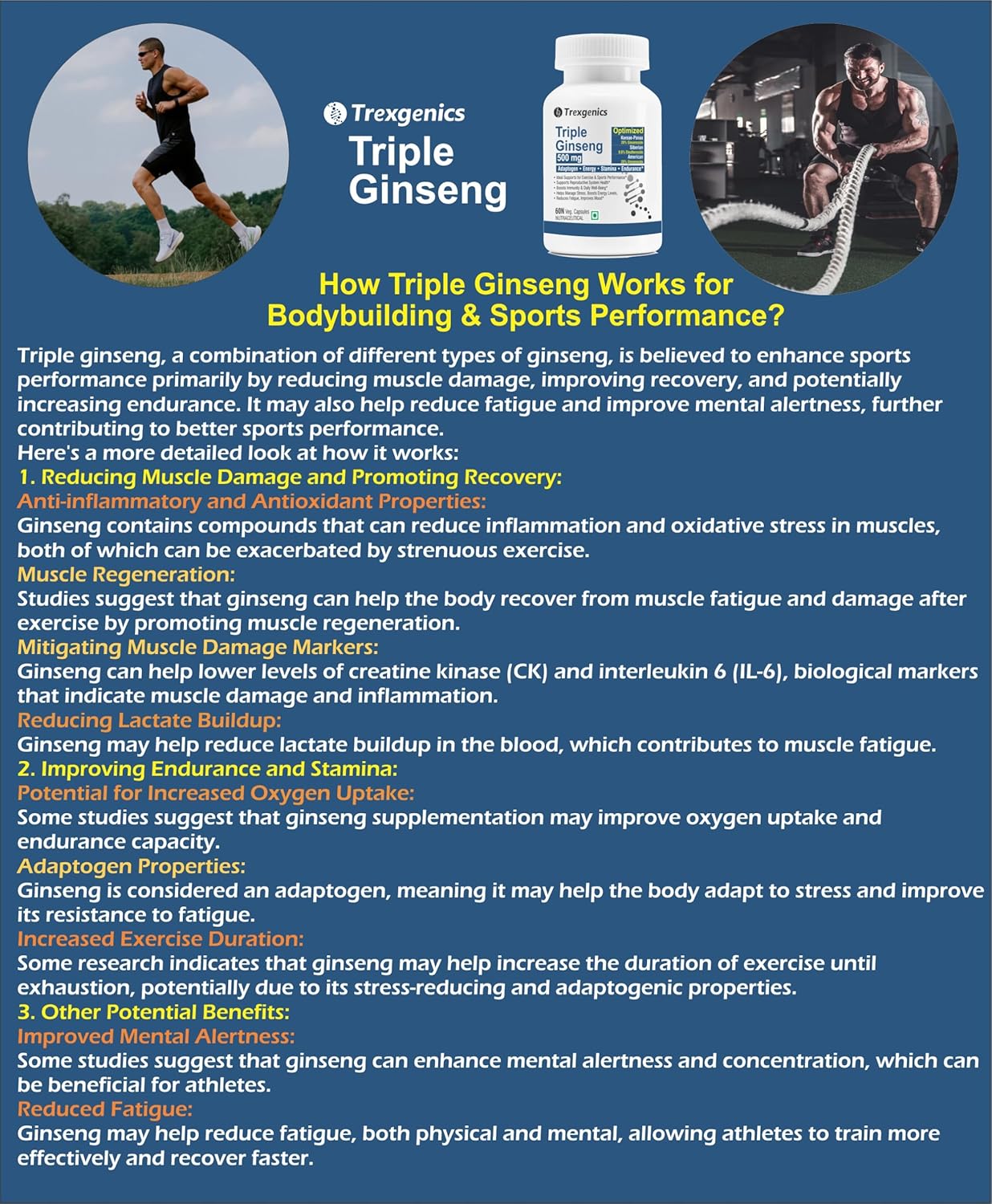 Trexgenics TRIPLE GINSENG 500 mg Optimized American, Siberian, Panax Ginseng Immunity, Energy, Performance (60 Veg. Capsules) (Pack of 1)