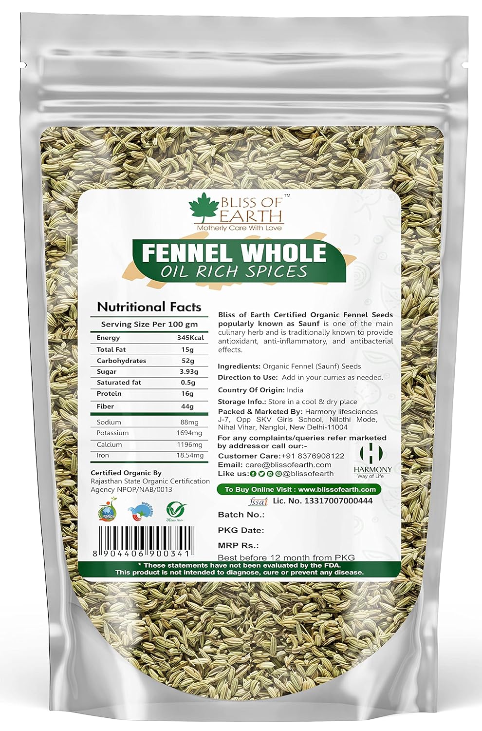 Bliss of Earth Certified Organic Fennel seed (Saunf) Indian Spice Fresh & Sweet Great for Weight loss | digestive health or Cooking (500gm)