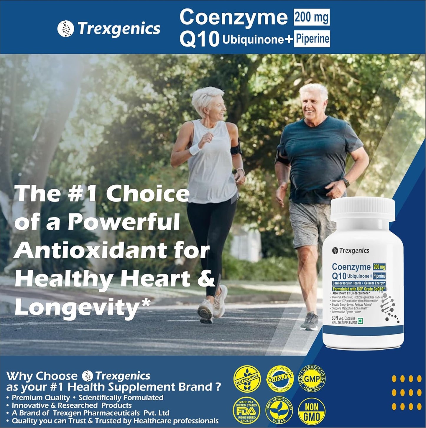Trexgenics COENZYME Q10 200 mg USP grade Ubiquinone (Ubidecarenone) with Piperine 8 mg Antioxidant, Cellular Energy, Heart Health (30 Veg Capsules)