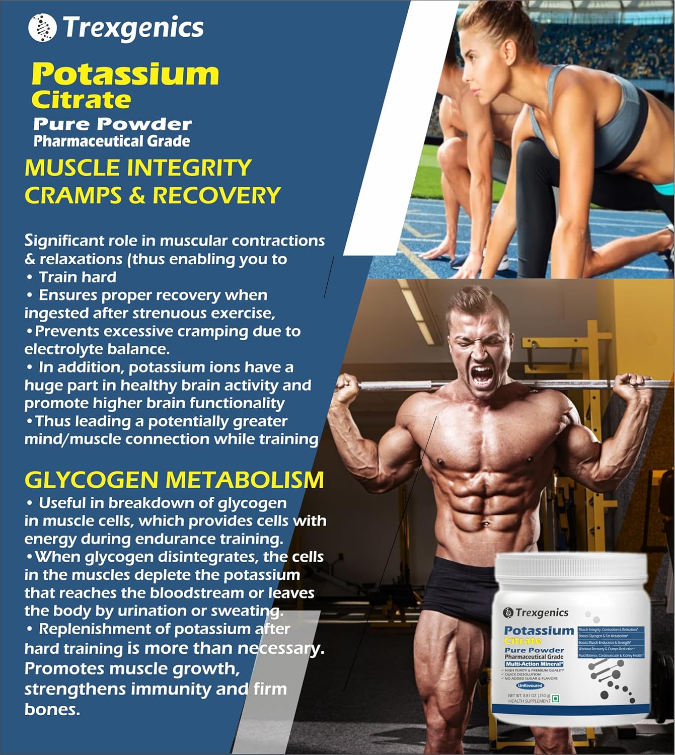 Trexgenics POTASSIUM CITRATE Pure Powder Pharmaceutical Grade Electrolyte Balance, Nerve & Muscle Health (250 gram / 8.81 OZ)
