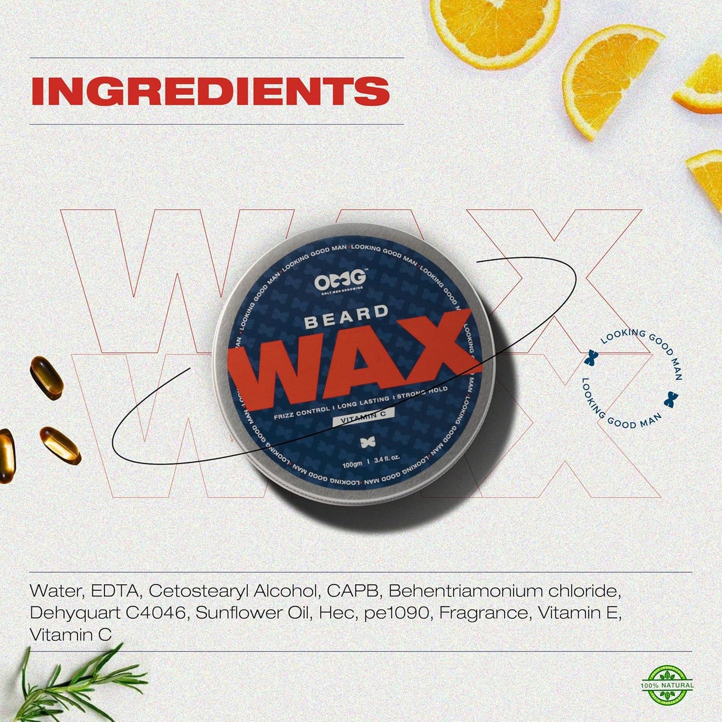 OMG Beard Wax 100gm | Frizz Control | Long Lasting Hold | Strong Hold | Enriched with Vitamin C | 100% Natural Ingredients