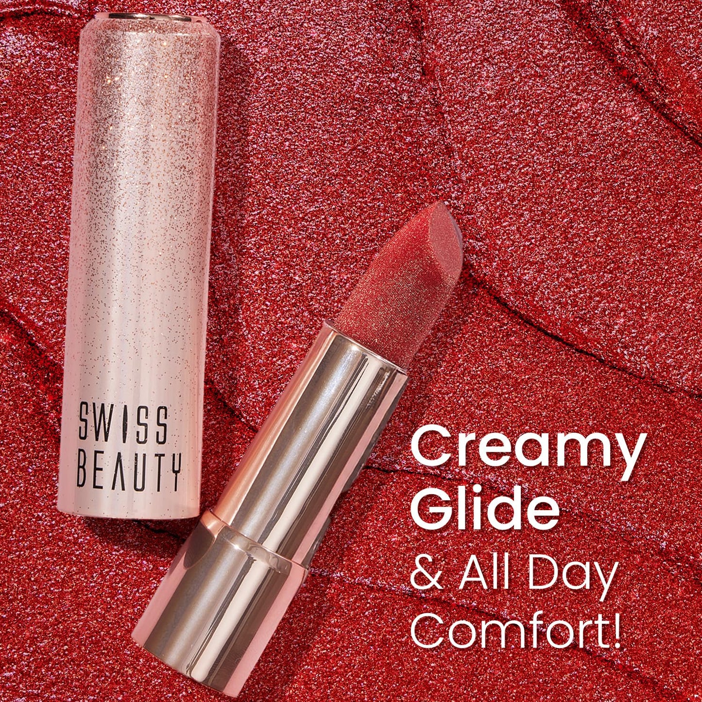 Swiss Beauty More Than Glitter Lipstick | Glittery Finish | Nourishing | With Vitamin C | One Swipe Smooth Glide | Shade- 3 Glimmer Coral, 3gm