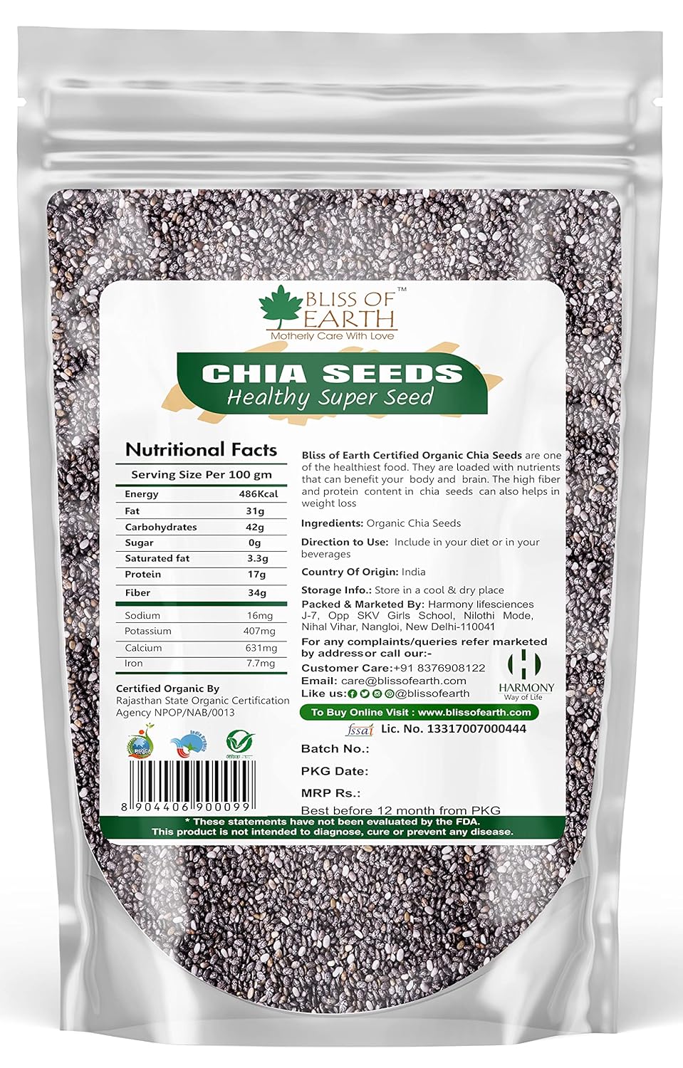 Bliss of Earth Certified Organic Raw Chia Seeds For Weight Loss, Raw Super Food With Omega & Fiber (1 KG)