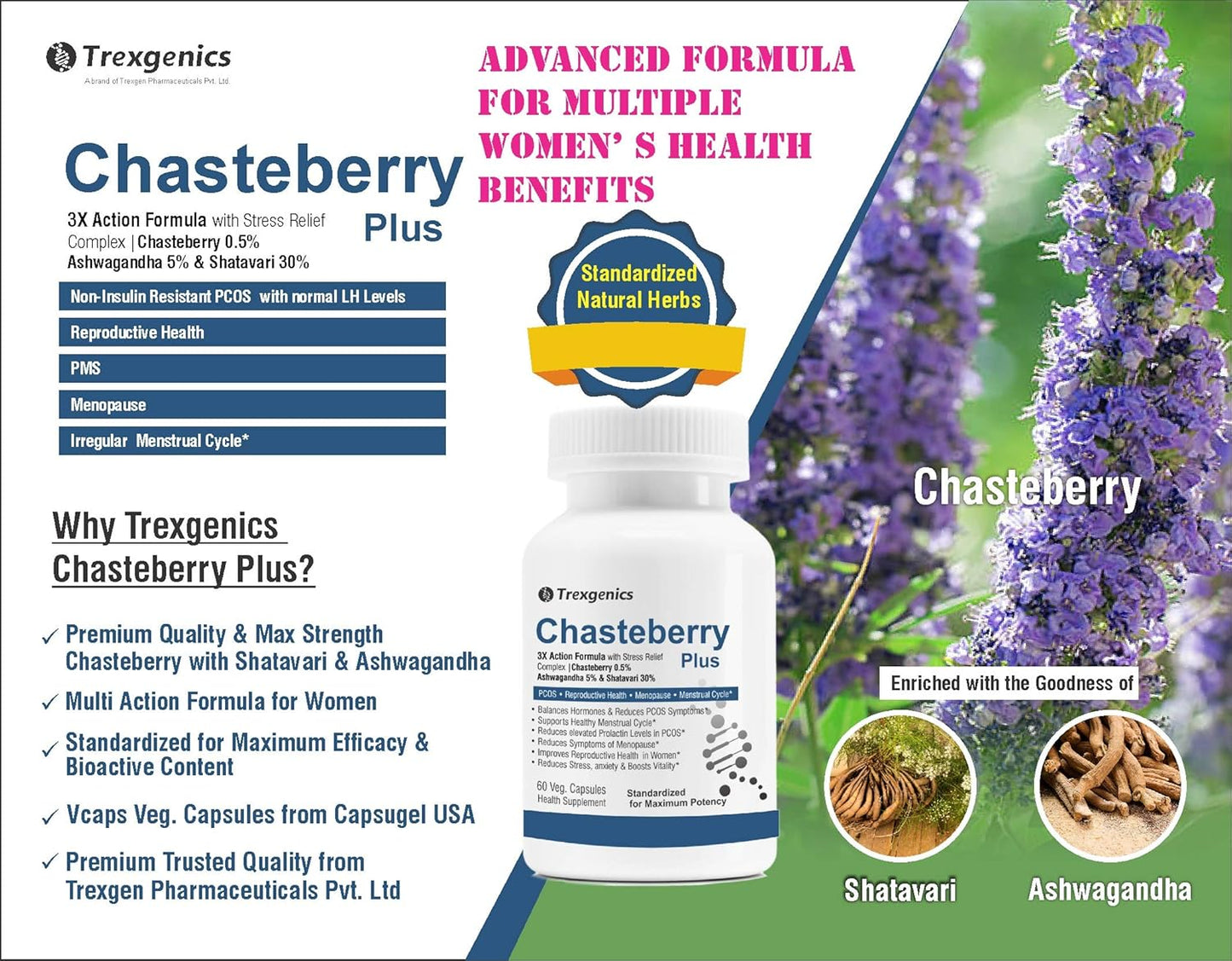 Trexgenics CHASTEBERRY PLUS Women's health formula with Chasteberry, Ashwagandha & Shatavari (60 Vcaps) (Pack of 1)