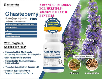 Trexgenics CHASTEBERRY PLUS Women's health formula with Chasteberry, Ashwagandha & Shatavari (60 Vcaps) (Pack of 1)