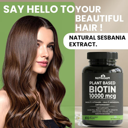 Nutrasium Plant Based Biotin, Collagen Booster, Keratin Builder with Amino Acid and Minerals | For Hair, Skin & Nail Radiance | Hair Vitamin (Biotin Collagen Booster Blend- 60 Tablets)