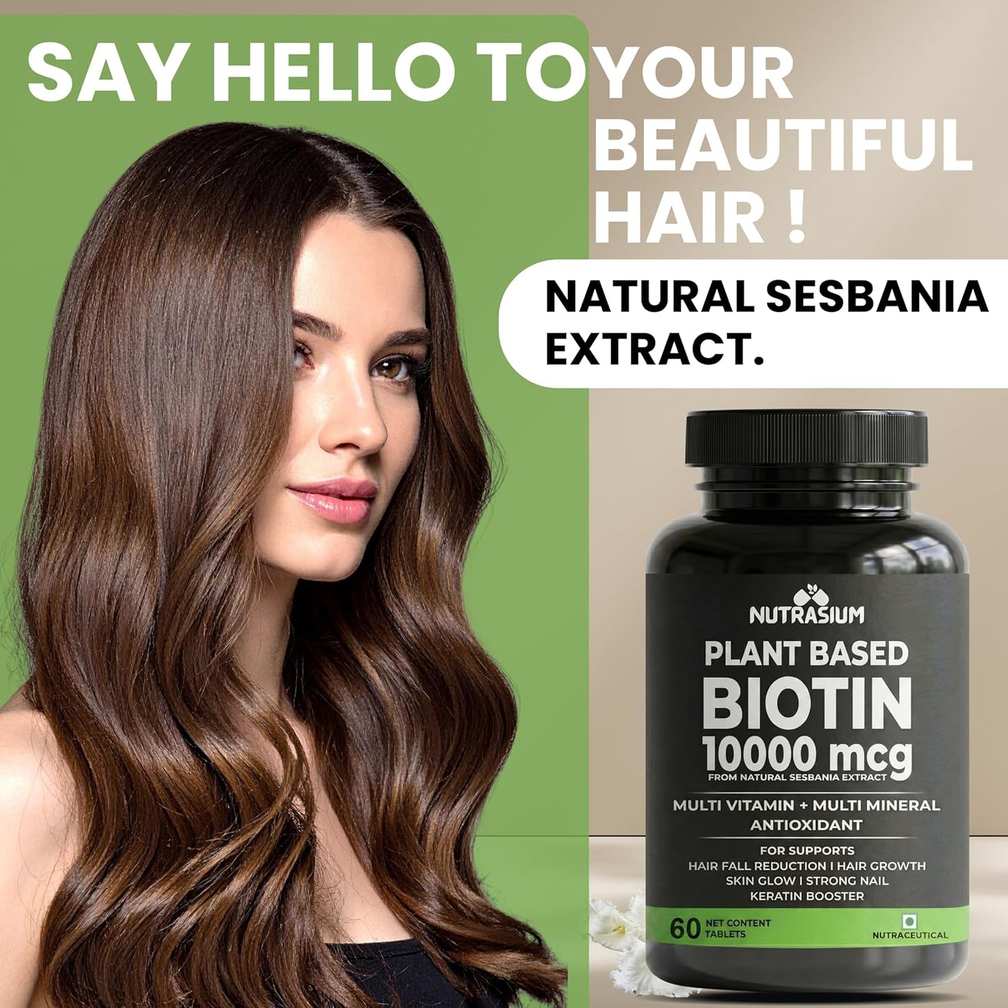 Nutrasium Biotin 10,000 mcg with multivitamin & Minerals | For supports Hair Growth | For Control Hair fall, Hair damge & Hair splitting | 120 tablets