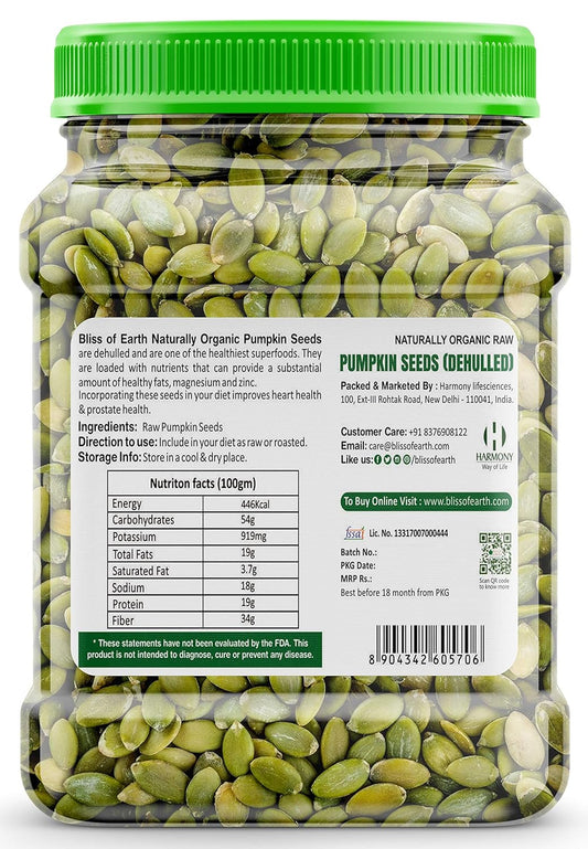 Bliss of Earth Pumpkin Seeds – Dehulled Naturally Organic Superfood for Eating - Rich in Protein & Fiber, Healthy Snack for Salads, Baking & Smoothies - Pumpkin Seed 600gm
