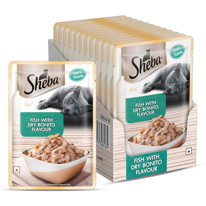 Sheba Rich Premium Adult (1+ Years) Wet Cat Food, Fish with Dry Bonito Flavour, 35 g Pouch (Pack of 12), High-moisture wet food for healthy hydration