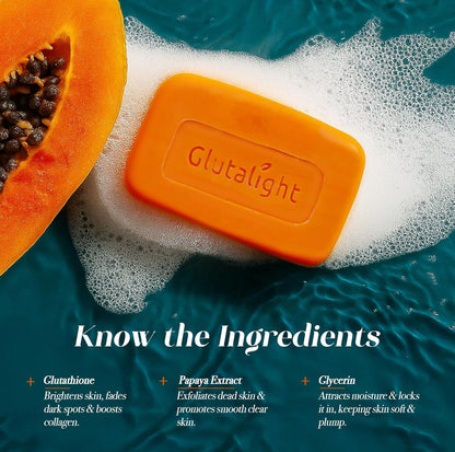 Glutalight Papaya Soap | Glutathione & Papaya Extract | Body Tan Removal Soap | Fades Pigmentation & Dark Spots | Exfoliate Dead Skin Cells | Bathing Soap for Face & Body | Soap For Bath - Pack of 1