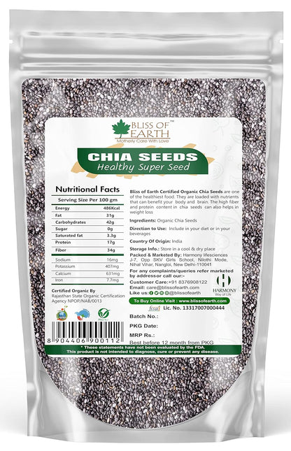 Bliss of Earth Chia Seeds 500g - Organic Raw For Weight Management - Raw Super Food With Omega & Fiber