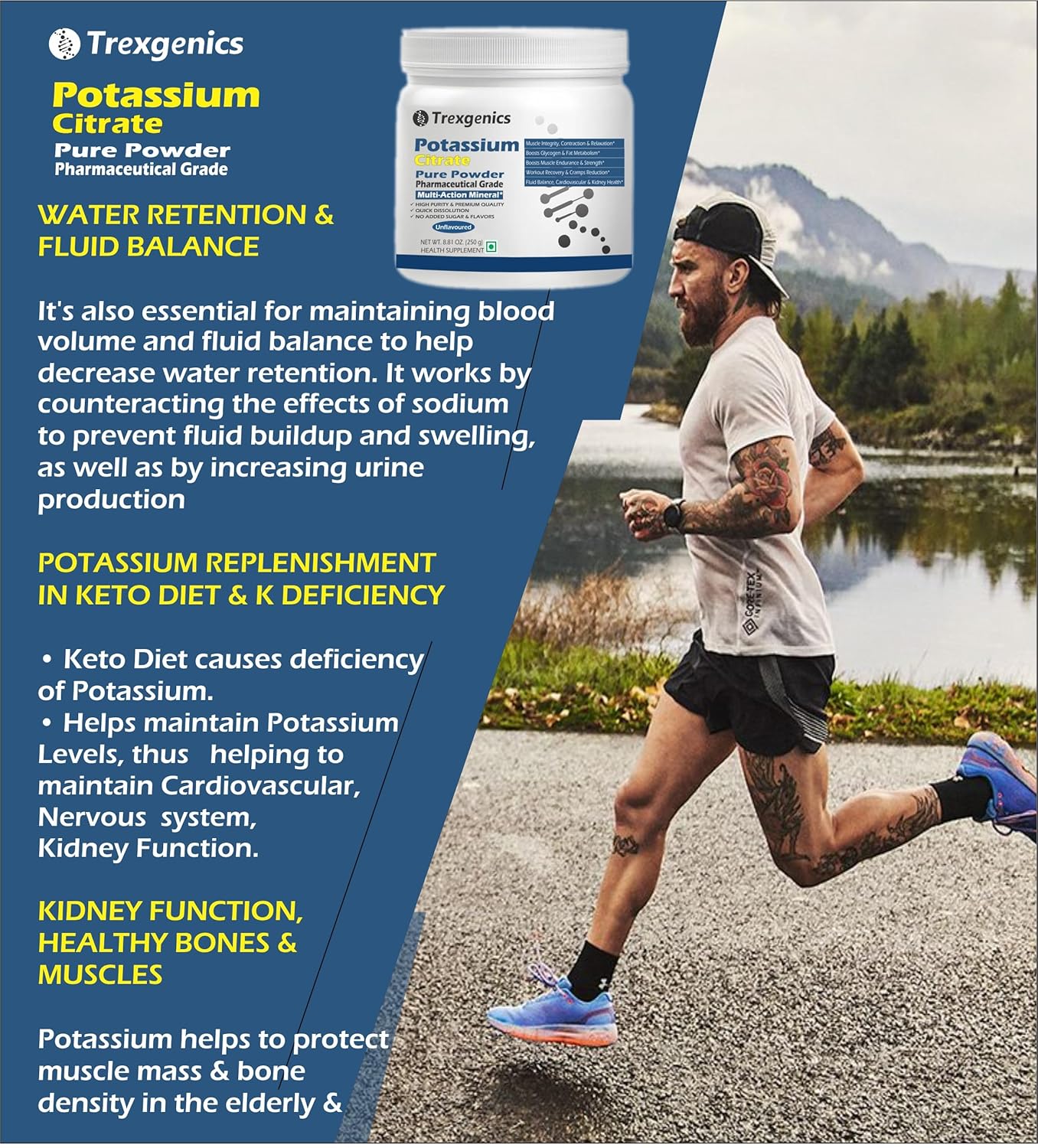 Trexgenics POTASSIUM CITRATE Pure Powder Pharmaceutical Grade Electrolyte Balance, Nerve & Muscle Health (250 gram / 8.81 OZ)