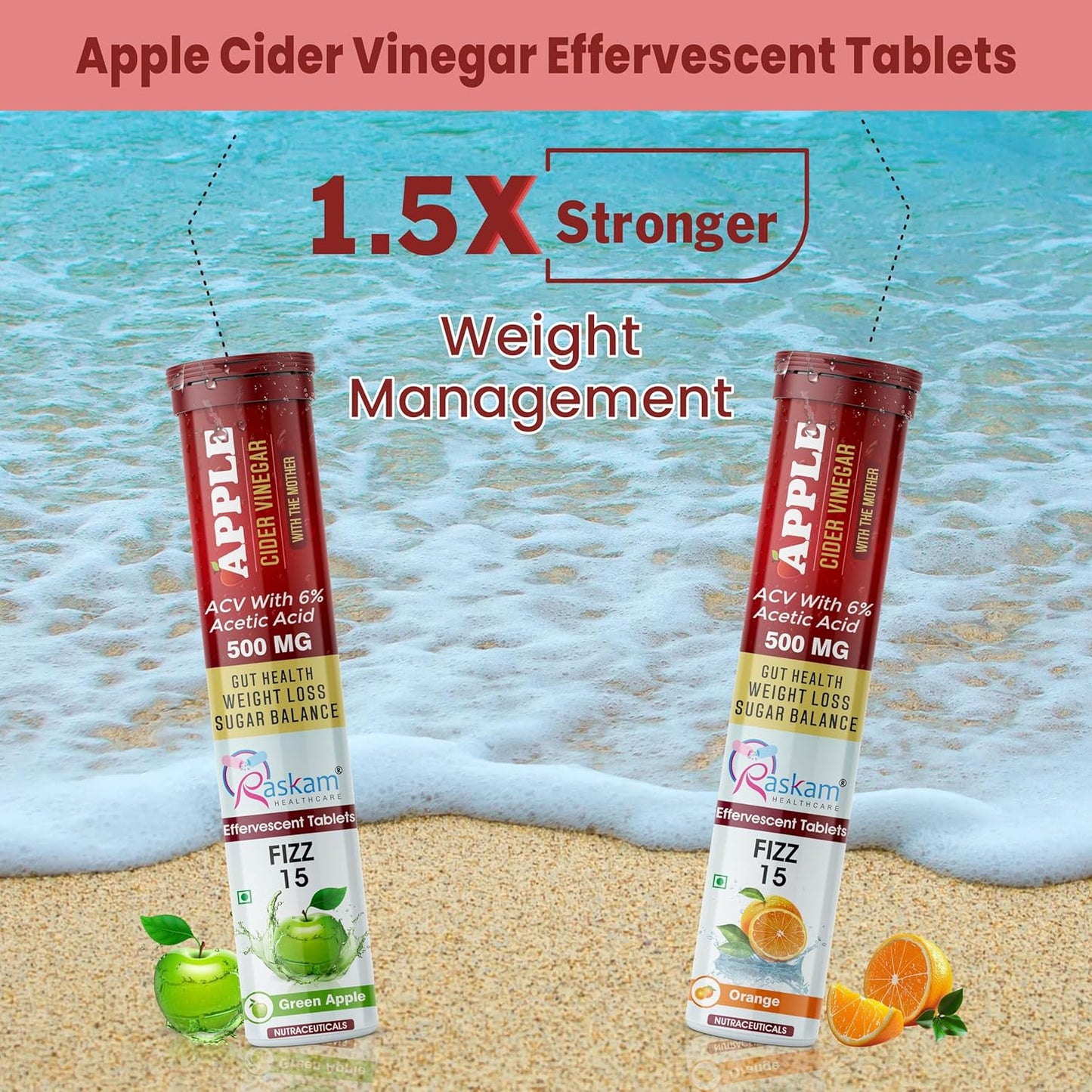 Apple Cider Vinegar 15 Effervescent Tablet 500mg (Pack of 1) Helps in Weight Management Digestion & Sugar Balance Orange Flavour 100% Vegan