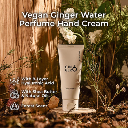 GINGER6 Hand Cream 60ml | 67.6% Ginger Extract Water | Shea Butter & 8 Natural Oils | 8 Hyaluronic Acids Moisturizing | Peptide & Mineral Complex | EWG Green Grade | Green Forest Scent Hydrating Care