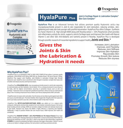 Trexgenics HYALAPURE PLUS Advanced Joint Lubrication & Skin Care Complex with HYALURONIC ACID 50mg, Methylsulfonylmethane (MSM) 500mg, European Rosehip extract 35% Polyphenols 100mg & Vitamin C (60 Veg. Capsules)