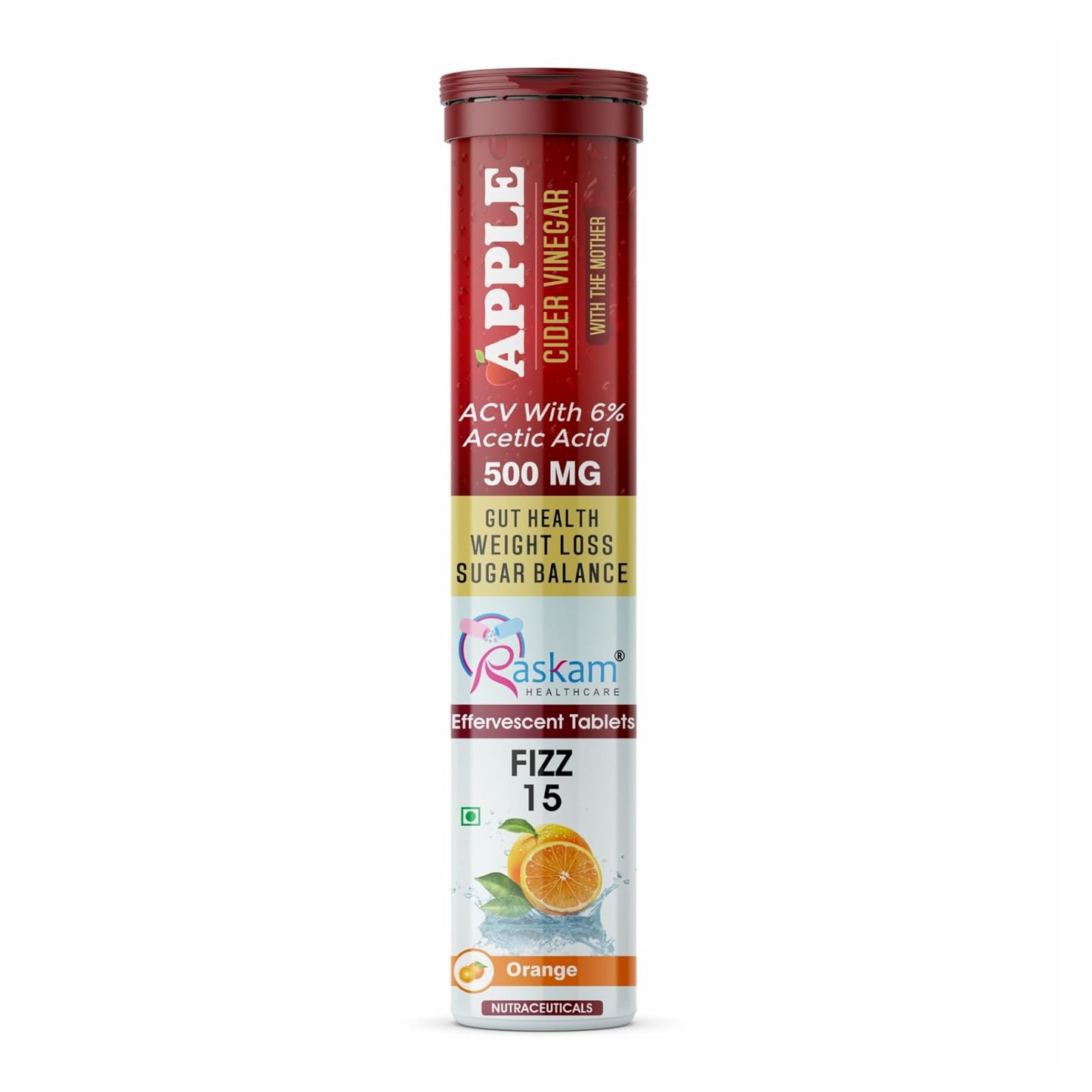 Apple Cider Vinegar 15 Effervescent Tablet 500mg (Pack of 1) Helps in Weight Management Digestion & Sugar Balance Orange Flavour 100% Vegan