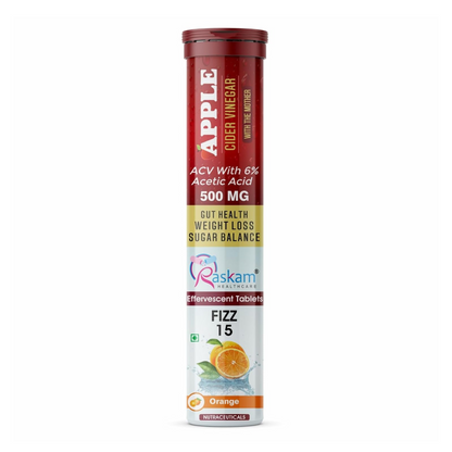 Apple Cider Vinegar 15 Effervescent Tablet 500mg (Pack of 1) Helps in Weight Management Digestion & Sugar Balance Orange Flavour 100% Vegan