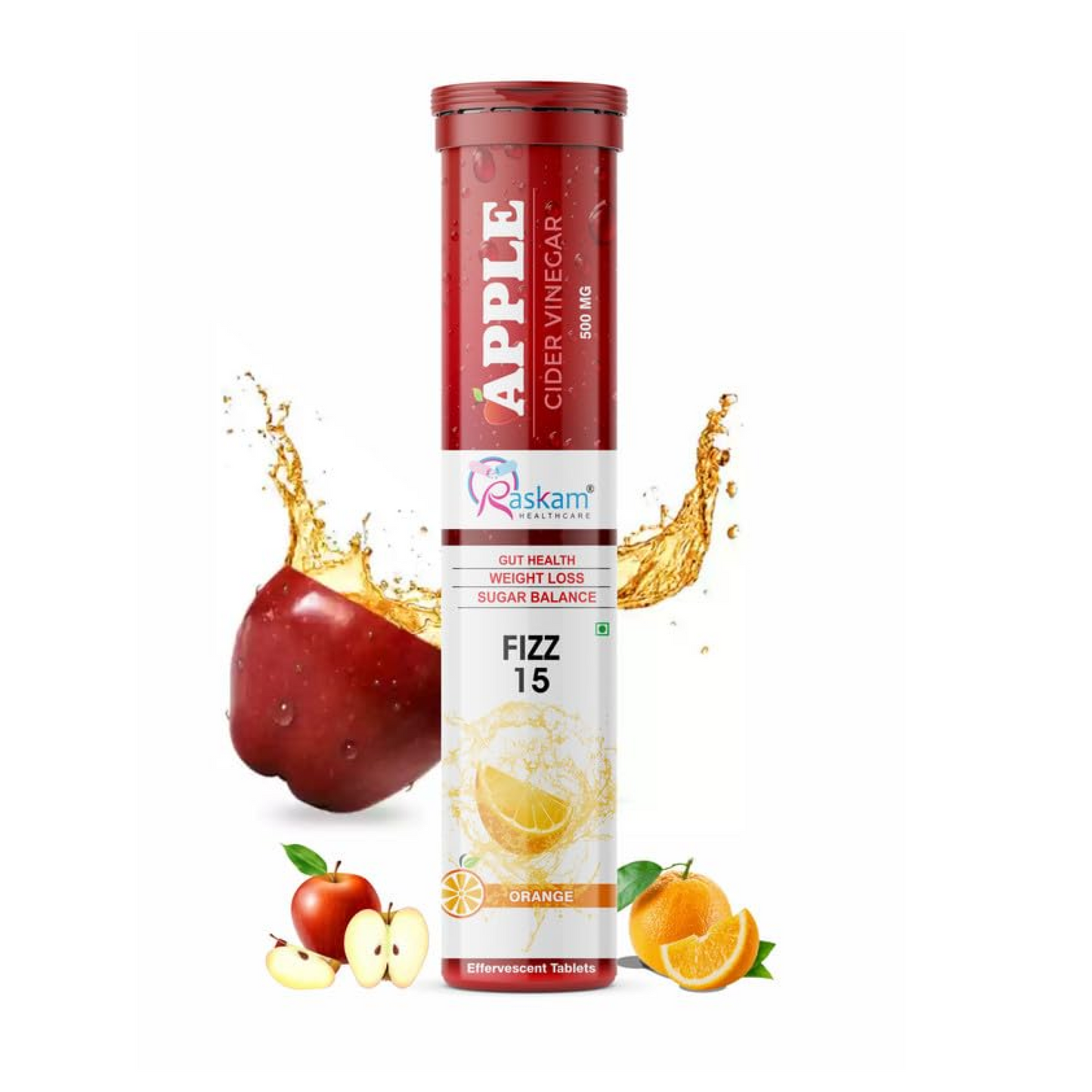 ACV Apple Cider Vinegar Effervescent Fizz 15 Tablets - For Weight Loss | Refreshing Detox & Metabolism Boost, No added Sugar (Pack of 1), Orange Flavour
