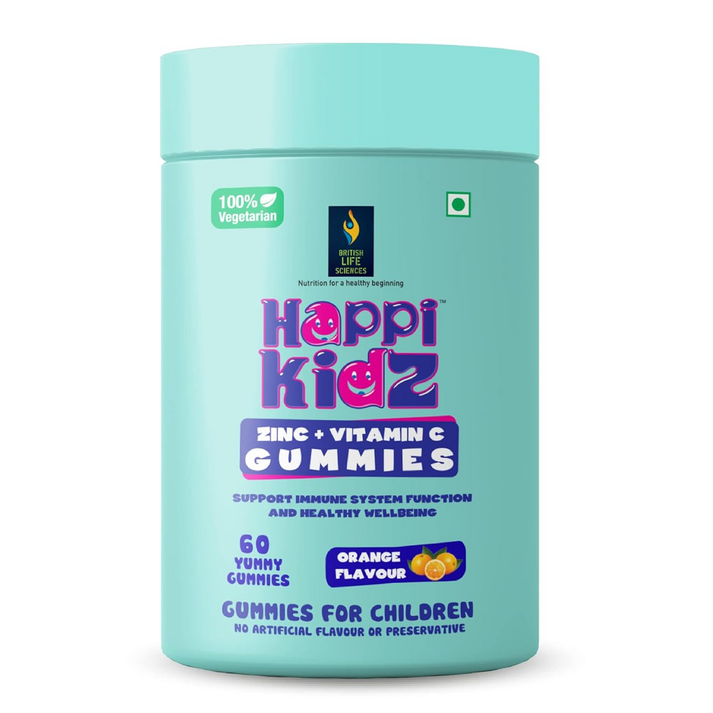 Happi Kidz Zinc Gummies for Kids | Zinc + Vitamin C | 100% Natural | Vegetarian | Supports Brain Function | Promotes Proper Growth | Ages 4 & above | Orange Flavour | 60 Count | Lab tested for purity