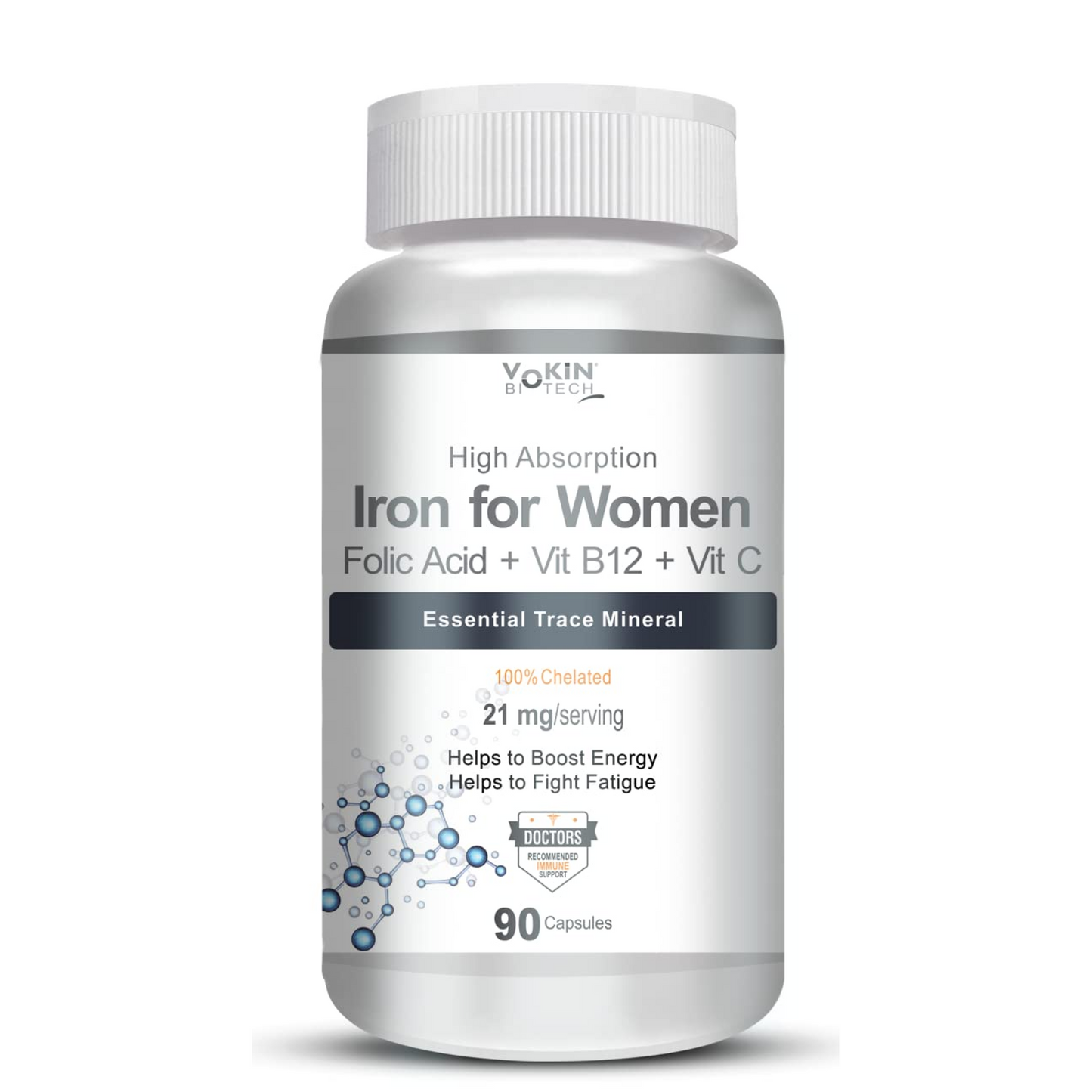 Vokin Biotech Iron Supplement for Women -100% Chelated - With Vitamin B12, Folic Acid & Vitamin C for High Absorption (90 Veg Capsules)
