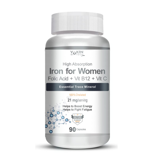 Vokin Biotech Iron Supplement for Women -100% Chelated - With Vitamin B12, Folic Acid & Vitamin C for High Absorption (90 Veg Capsules)