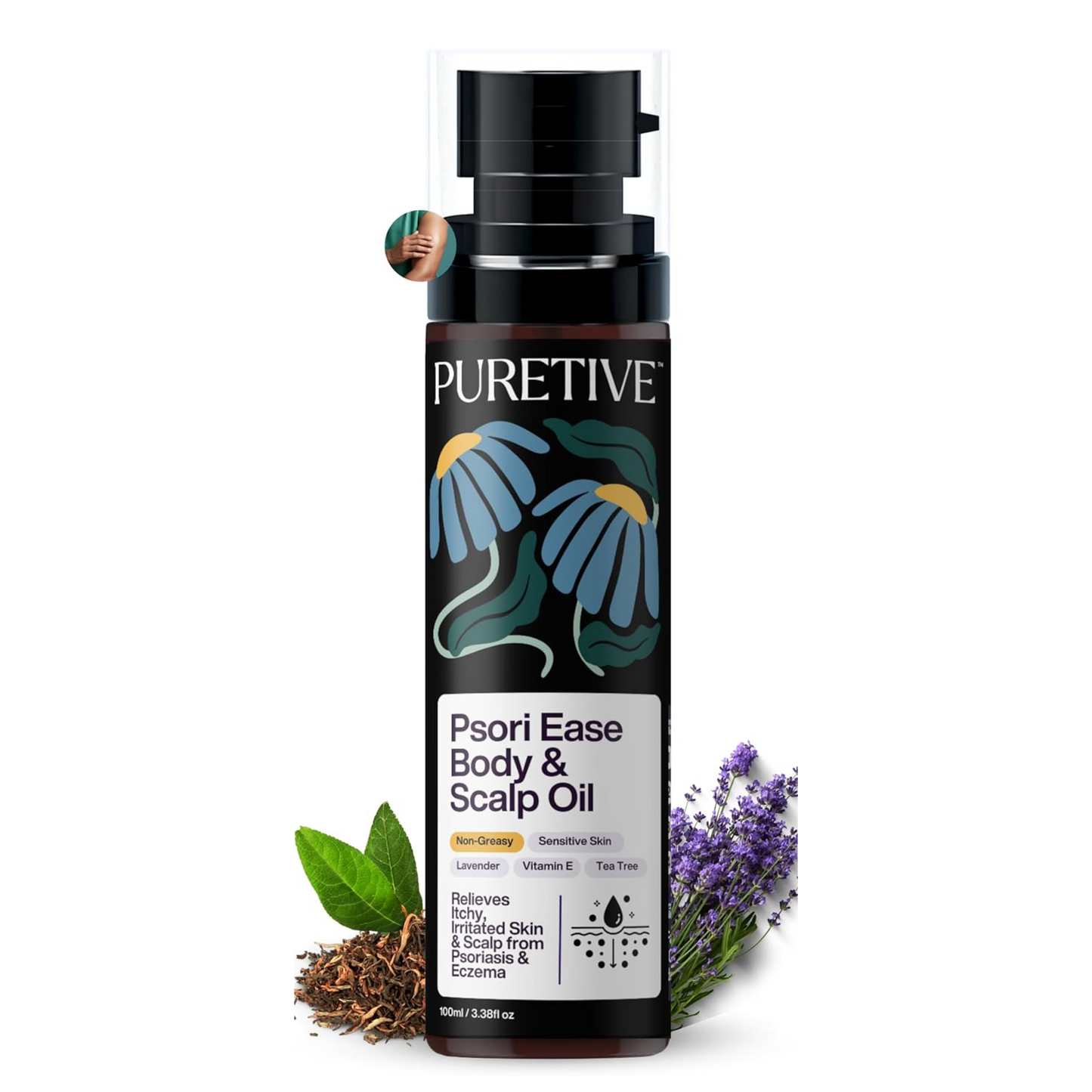 Puretive Psori Care Body & Scalp Oil for Psoriasis, Eczema-Prone Skin | Soothes Itchy, Dry, Flaky Patches | Coconut, Jojoba, Tea Tree | Moisturising & Steroid Free Plant-Based Oil for Redness & Itching Relief (100ml)