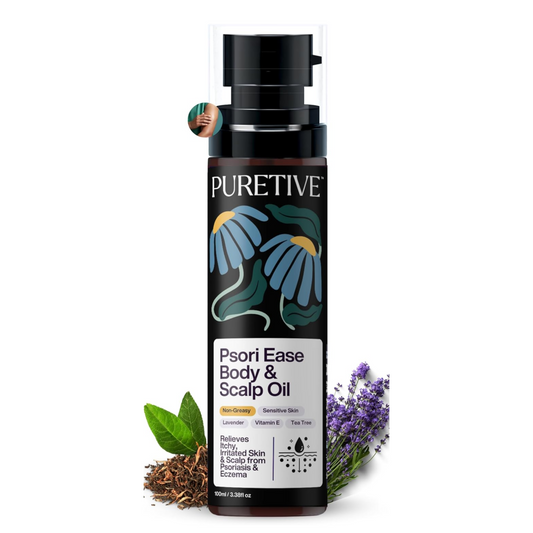 Puretive Psori Care Body & Scalp Oil for Psoriasis, Eczema-Prone Skin | Soothes Itchy, Dry, Flaky Patches | Coconut, Jojoba, Tea Tree | Moisturising & Steroid Free Plant-Based Oil for Redness & Itching Relief (100ml)