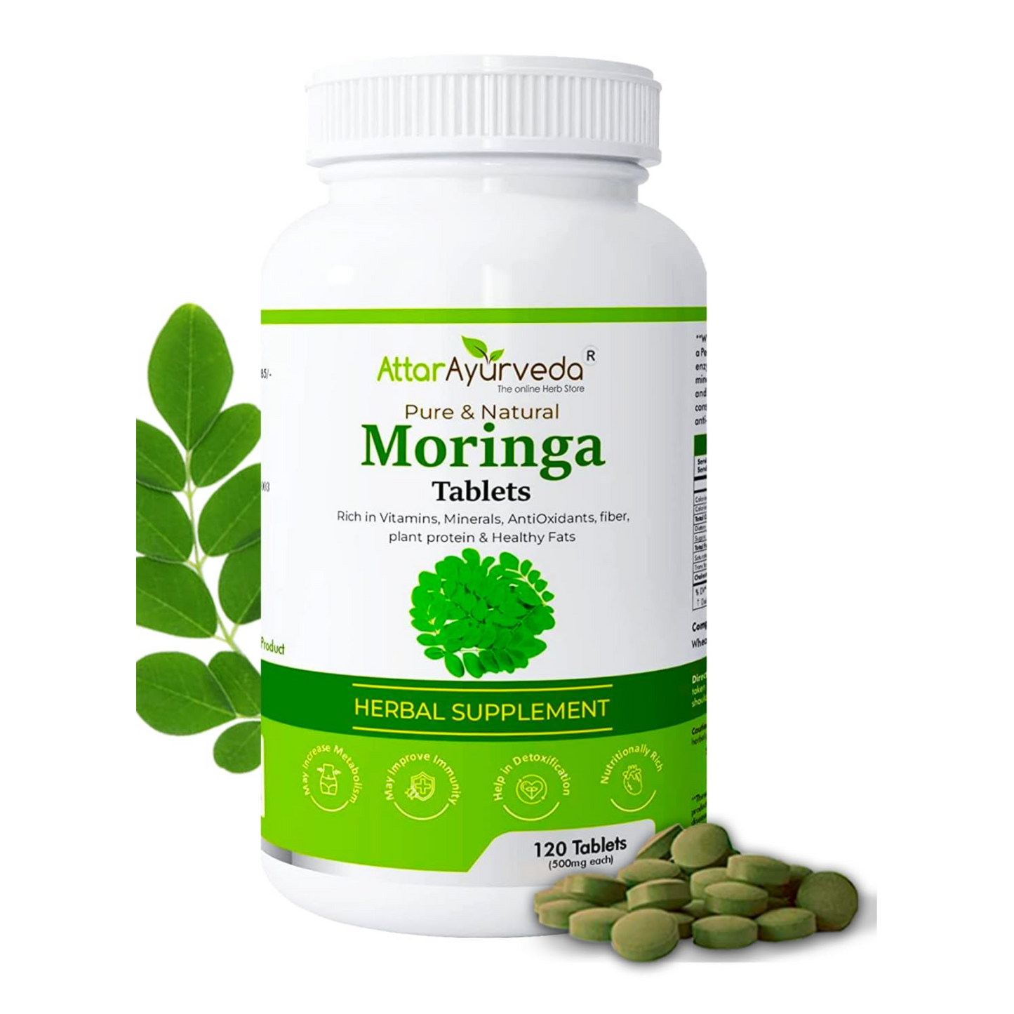 Attar Ayurveda Moringa Tablets 120 Tablets, 500 mg each | Drumstick Leaf Tablets | Pure and Natural, Highly Nutritious