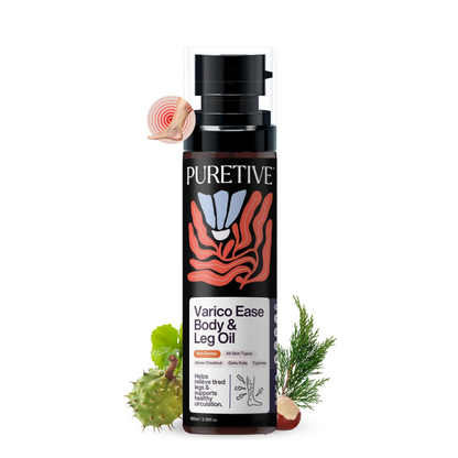 Puretive Varico Ease Oil â€“ Daily Relief Oil for Tired Legs & Swelling | Natural Circulation Support for Varicose Veins & Tired Legs, Reduces Heaviness & Fatigue | Fast Absorbing, Non-Sticky, Plant-Based Massage Oil | 100 ml.