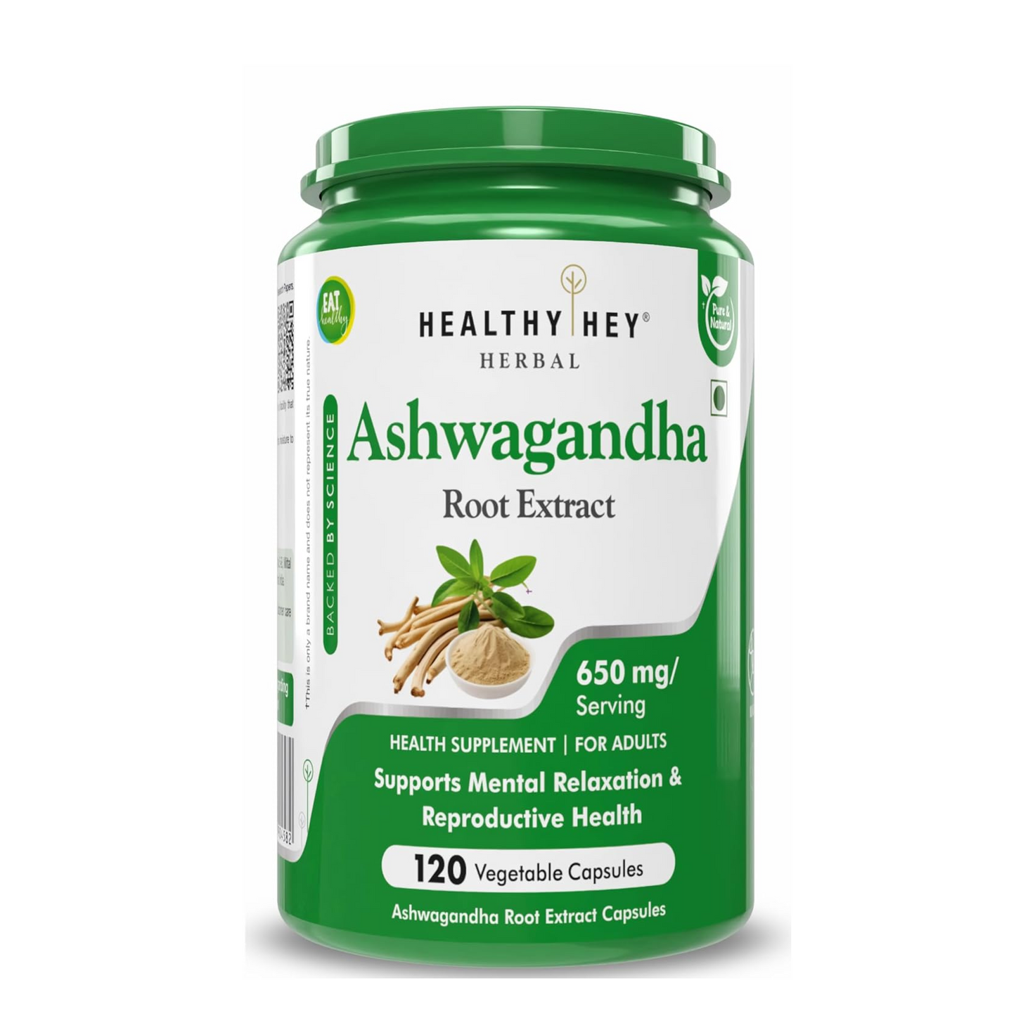 HealthyHey Herbal Ashwagandha root extract - 650 mg per serving - 120 vegetable capsules