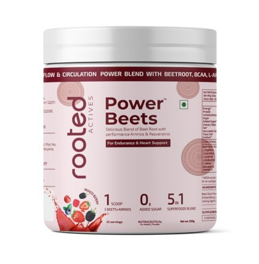 Rooted Actives Power Beets (250 grams) - Organic Beet root powder with L arginine,L Carnitine,BCAA,Reservatrol & Stevia|Heart,Endurance,Nitric oxide booster| Beets Powder Supplement & Pre Workout