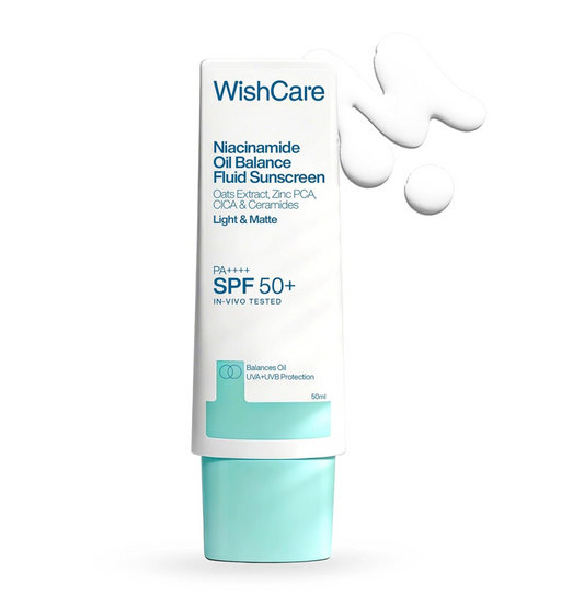 WishCare Niacinamide Oil Balance Fluid Sunscreen SPF 50 PA++++ In-Vivo Tested | 8Hrs+ SPF Protection | Lightweight, Matte & No White Cast | Sunscreen SPF 50 For Oily Skin, Sensitive, Dry & Combination Skin | For Women & Men | 50 ml