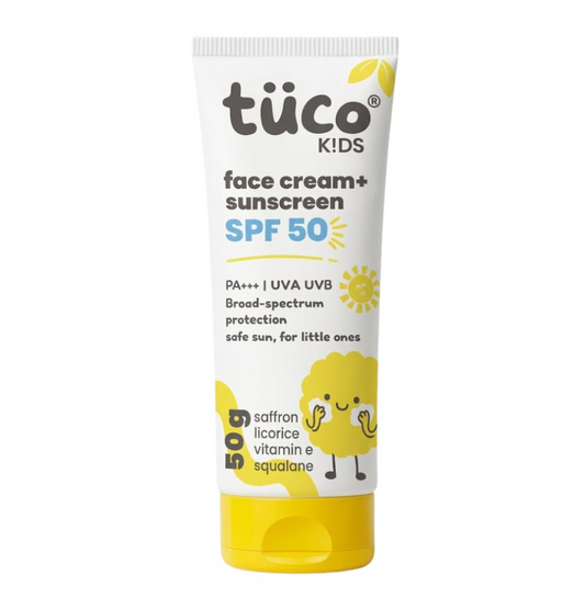 Tuco® Kids 2 in 1 Face Cream + Sunscreen SPF 50 with Saffron oil | UVA/UVB PA++++ | Broad Spectrum Protection | Benzophenone- 3 and Avobenzone Free | Ages 2-5, 5-10, 10-15 | 50gm