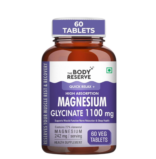 The Body Reserve Magnesium Glycinate Supplement - 60 Veg Tablets, 1100mg Per Serving, High Absorption Chelated Form - Muscle & Nerve Health, Relaxation for Men & Women