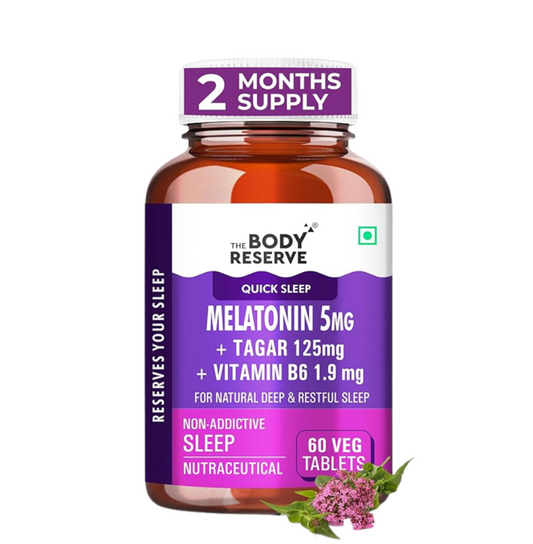The Body Reserve Melatonin 5mg with Tagar 125mg for Natural Sleep Aid, Muscle Recovery, Nerve Relaxation, and Stress Relief Non-Habit Forming Sleep Aid for Men & Women (60 Veg Tablets)