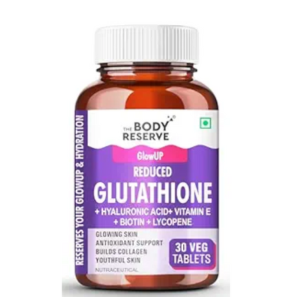 The Body Reserve Japanese L-Glutathione Tablets for Skin Whitening | 500mg Glutathione Supplements with Hyaluronic Acid, Vitamin E, Lycopene & Biotin | Skin Glow & Collagen Support | Sugar-Free, 30 Tablets