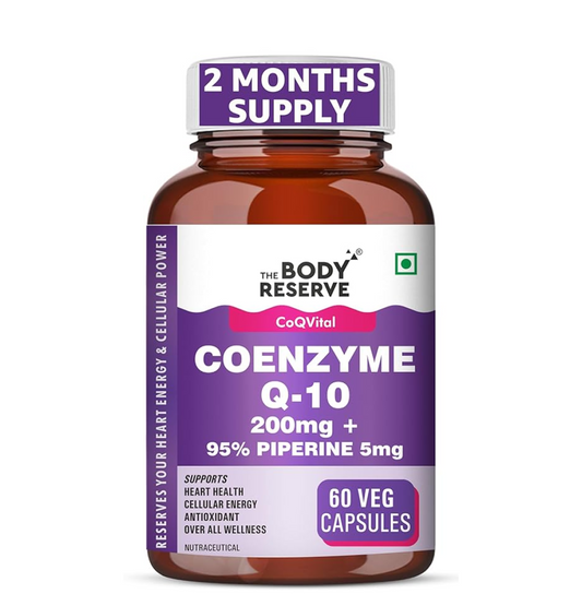 The Body Reserve Coenzyme Q10 200mg with 95% Piperine â€“ High Absorption CoQ10 Supplement for Heart & Vascular Health | Supports Energy Production & Cellular Function | Powerful Antioxidant | 60 Vegetarian Capsules