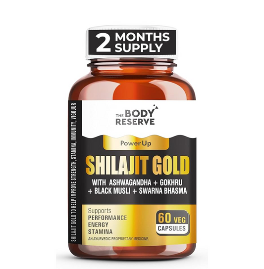 The Body Reserve Shilajit Gold Capsules For Men Himalayan Shilajeet With 24 Carat Gold, Gokshura, Ashwagandha, Kali Musli & Other Herbs For Stamina, Muscle Growth & Energy Ayurvedic 60 Veg Capsules