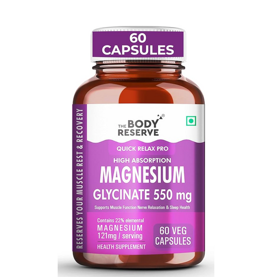 The Body Reserve Magnesium Glycinate Supplement - 60 Vegetable Capsules, 550mg Per Serving, High Absorption Chelated Form - Supports Muscle & Nerve Health, Relaxation for Men & Women