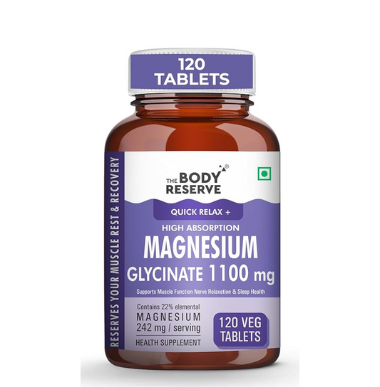 The Body Reserve Magnesium Glycinate Supplement - 120 Veg Tablets, 1100mg Per Serving, High Absorption Chelated Form - Muscle & Nerve Health, Relaxation for Men & Women