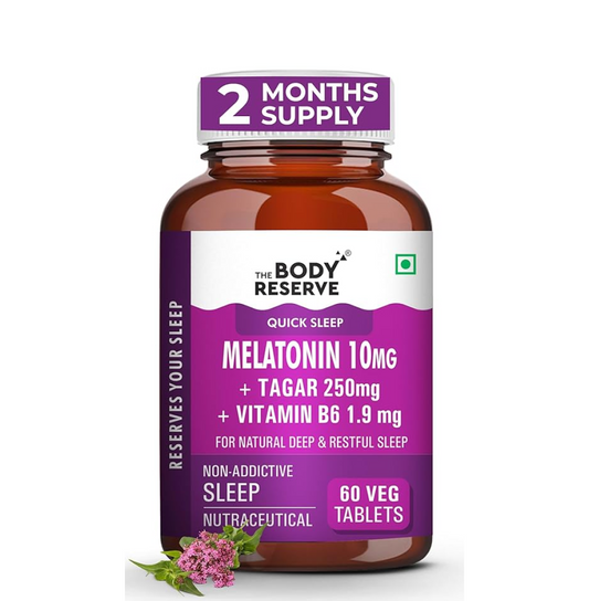 The Body Reserve Melatonin 10mg with Tagar 250mg - 60 Veg Tablets for Natural Sleep Aid, Muscle Recovery, Nerve Relaxation, and Stress Relief - Non-Habit Forming Sleep Aid for Men & Women