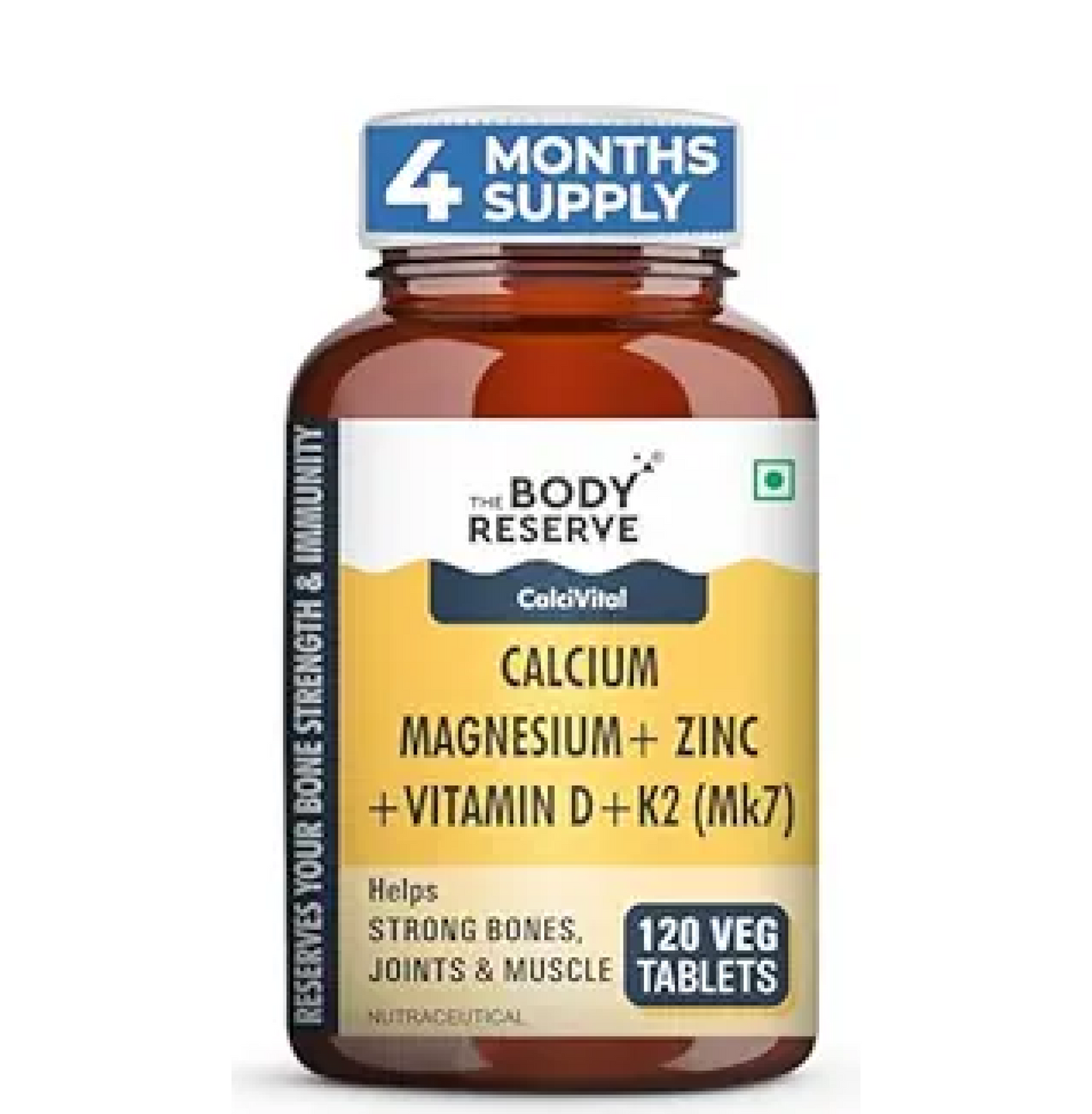 The Body Reserve Calcium, Magnesium, Zinc with Vitamin K2, MK7 & B12 â€“ 120 Tablets for Bone & Joint Health (4-Month Pack)