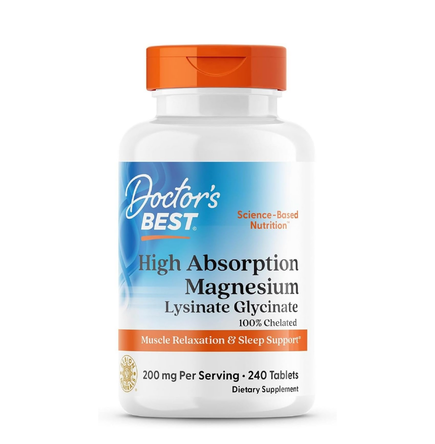 Doctor's Best High Absorption Magnesium Glycinate Lysinate Supplement for Sleep Support - Chelated Magnesium Tablets for Women & Men, 200mg per Serving, Supports Calm & Relaxation, Vegan - 240 Count