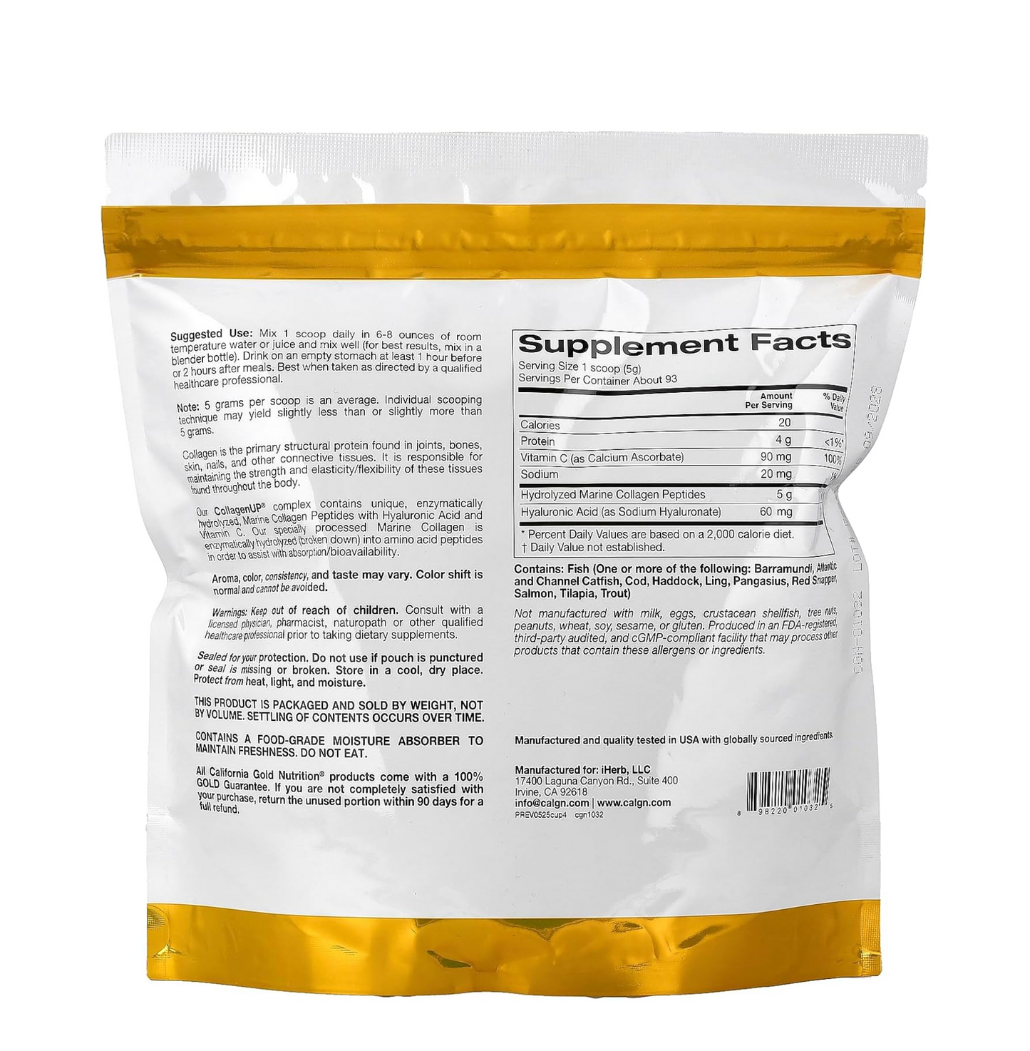 California Gold Nutrition CollagenUPÂ®, Hydrolyzed Marine Collagen Peptides with Hyaluronic Acid and Vitamin C, Unflavored, 1.02 lb (464 g)