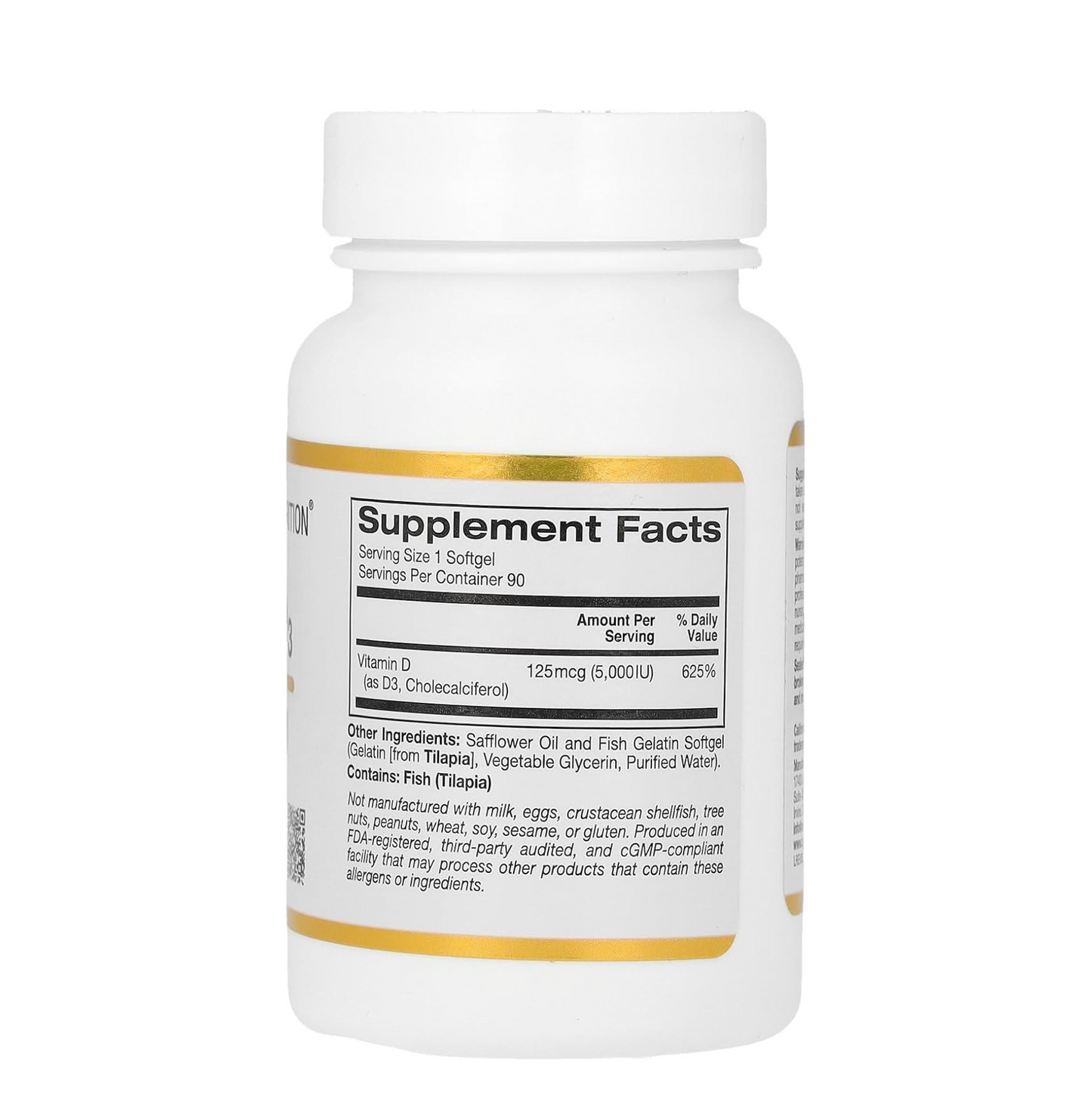 California Gold Nutrition Vitamin D3 Supplement Support for Healthy Bones & Teeth - Immune System Support - Gluten Free, Non-GMO - 125 mcg (5,000 IU) - 90 Fish Gelatin Softgels