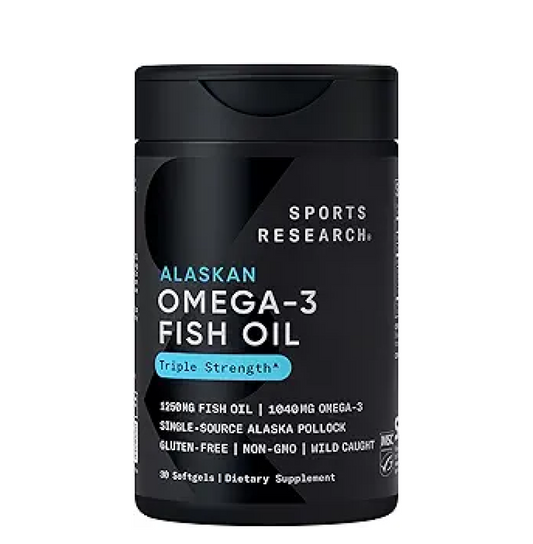 Sports Research Triple Strength Omega 3 Fish Oil 1250mg from Wild Alaskan Pollock - Burpless Fish Oil Supplement with Omega-3 EPA & DHA - Sustainably Sourced, Non-GMO, Gluten Free - 30 Softgels