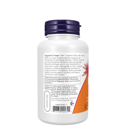 NOW Foods Supplements, Biotin 5,000 mcg, Amino Acid Metabolism*, Energy Production*, 120 Veg Capsules