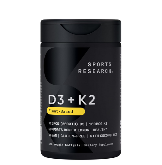Sports Research Vitamin D3 with K2 Softgels - Plant Based K2 & Vegan D3 5000iu with Coconut MCT Oil - Vegan Certified, Soy & Gluten Free - 120 Count